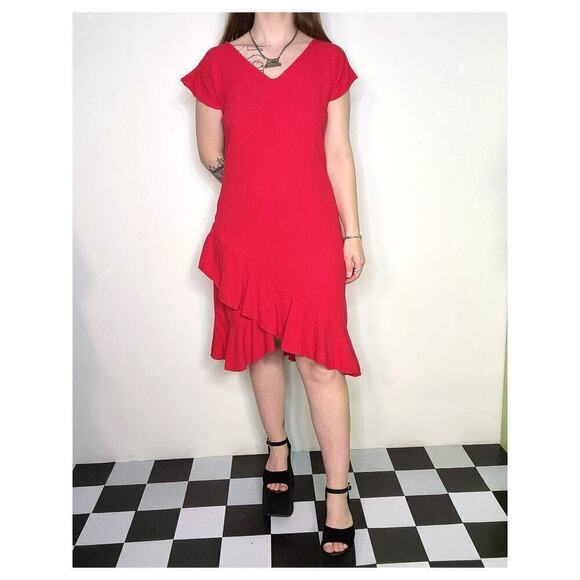 90s Vintage Red Frilly Cotton Tiered Boho Beach Summer Midi Dress Sz Small - Picture 4 of 7